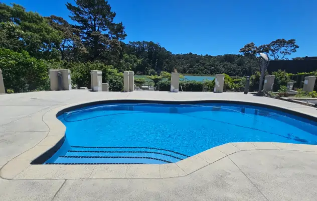 Restored concrete pool surround with natural sealer in Whitford, East Auckland