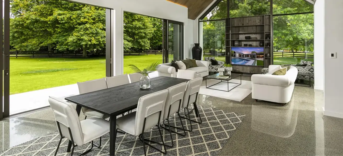 Diamond Shine Concrete high-gloss polished concrete kitchen floor with timber island in luxury Auckland home