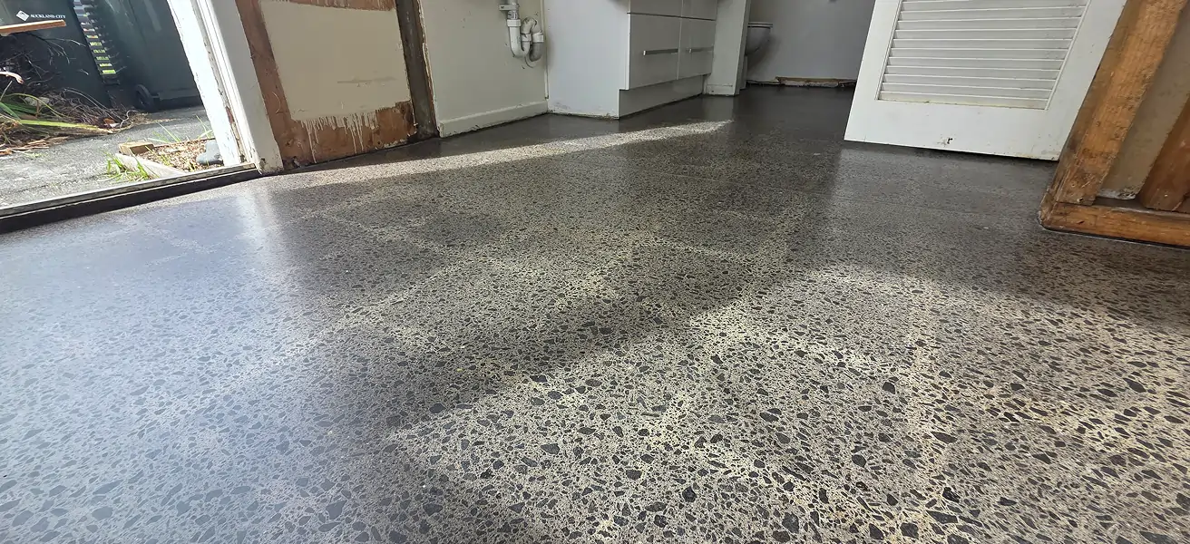 Diamond Shine Concrete polished concrete open-plan living floor with garden views in Auckland home refurbishment