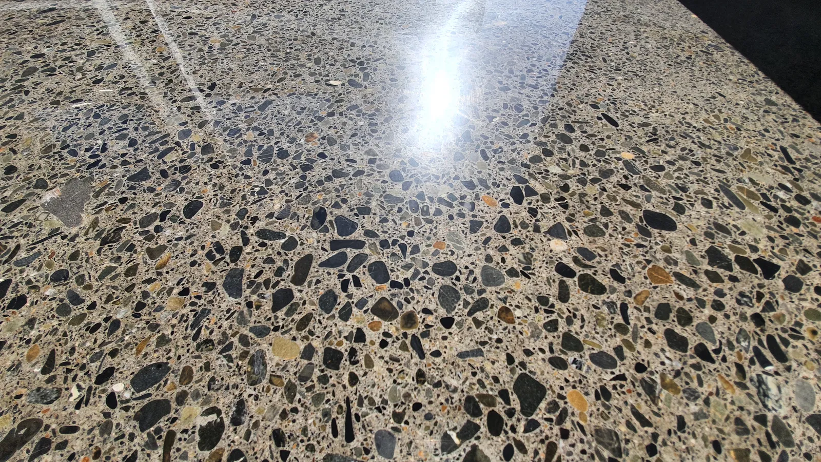 Diamond Shine Concrete close-up detail of full exposure polished concrete showing large aggregate stones in Auckland