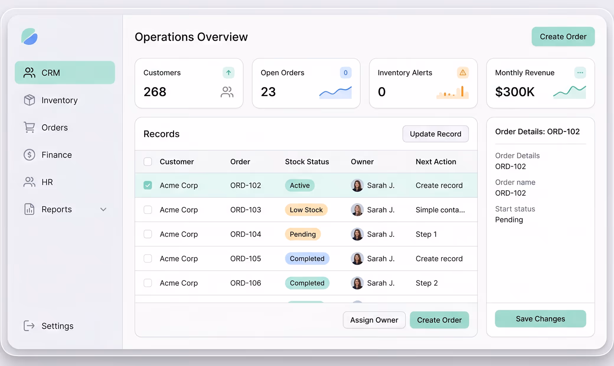 Dashboard showing CRM operations with customer orders, status, owner Sarah J., revenue $300K, and action buttons.