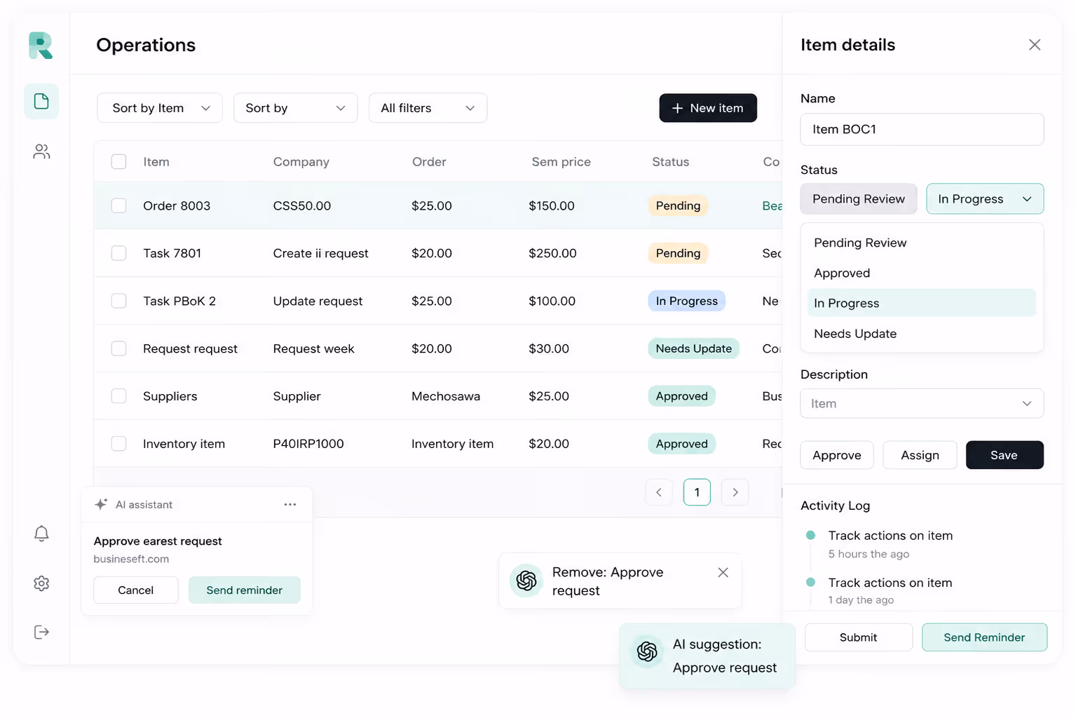 Operations dashboard showing item list with orders, prices, status, and an item details panel with status dropdown.
