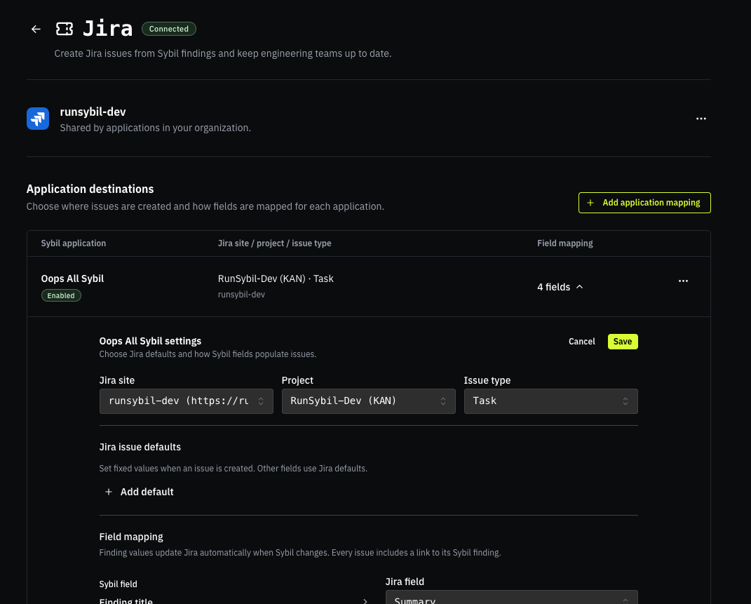  Configure Jira in Sybil to automatically push findings as issues