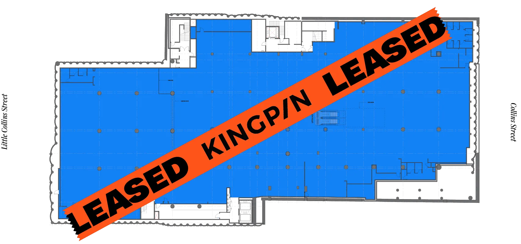 Floor plan of a large commercial space marked as leased with an orange diagonal banner labeled 'LEASED KINGP/N LEASED' across the blue-shaded area.