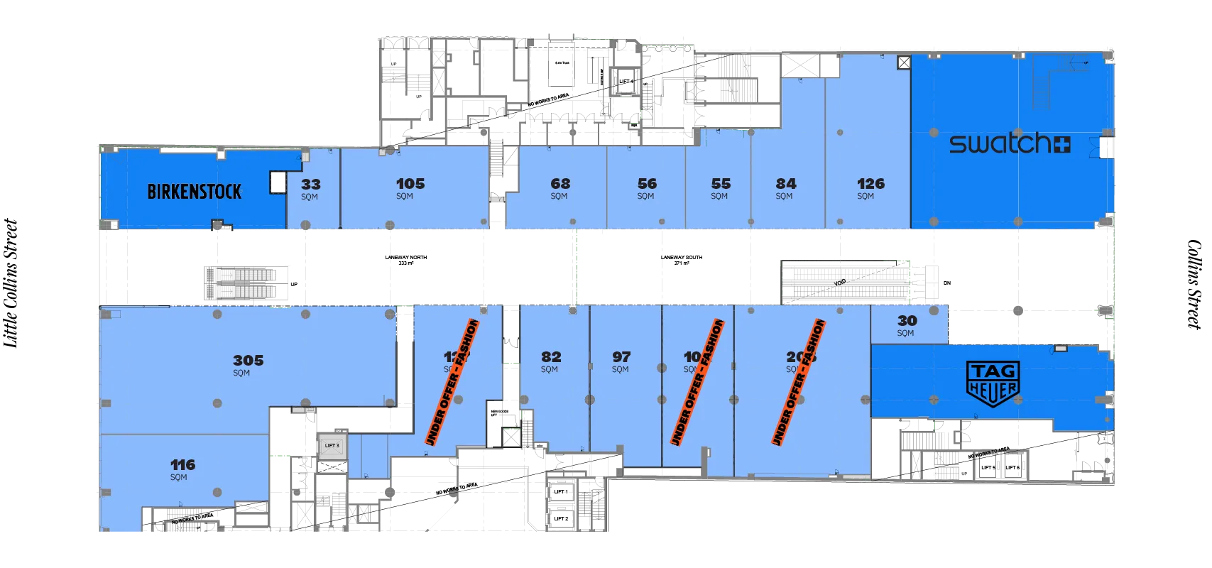 Floor plan of retail space labeled with store names Birkenstock, Swatch, and TAG Heuer, showing unit sizes in square meters and areas marked under offer for fashion.
