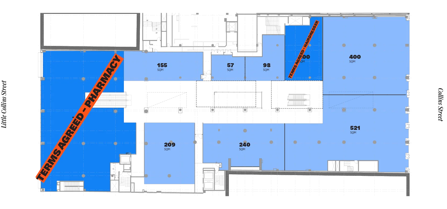 Floor plan showing various commercial spaces in square meters on Level One, with areas marked for 'Pharmacy' and 'Hairdresser' on Little Collins Street and Collins Street sides.