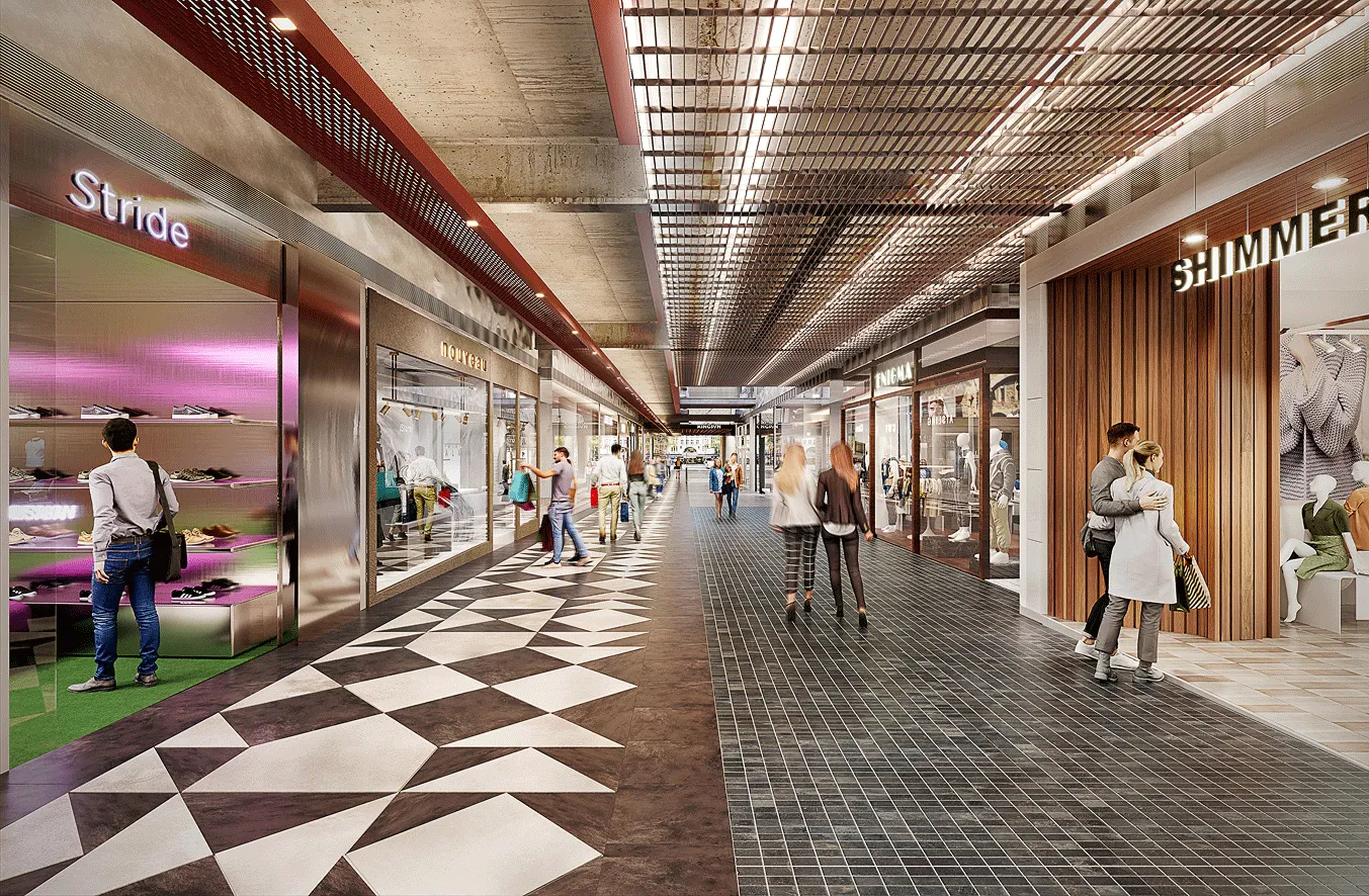 Shopping mall corridor with people browsing stores including Stride, Nouveau, Enigma, and Shimmer, featuring patterned floors and modern ceiling lighting.
