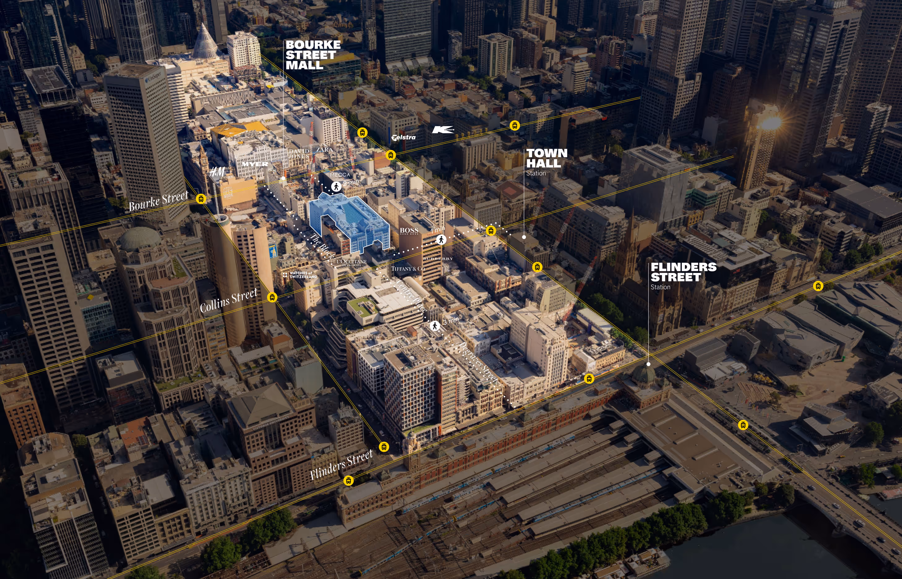 Aerial view map of Melbourne city center highlighting Collins Arcade and nearby streets including Bourke Street, Collins Street, Flinders Street, with marked locations of Town Hall Station and Flinders Street Station.