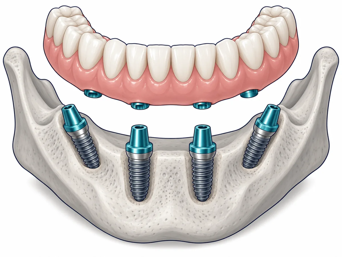 All-on-4 dental implants diagram: a fixed full-arch bridge lowered onto four implants in the lower jaw