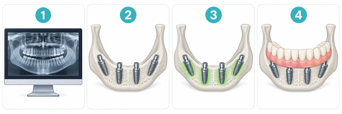 All-on-4 treatment steps: 1, X-rays of the jaw; 2, four implants placed; 3, the bone heals around the implants; 4, the fixed bridge is attached