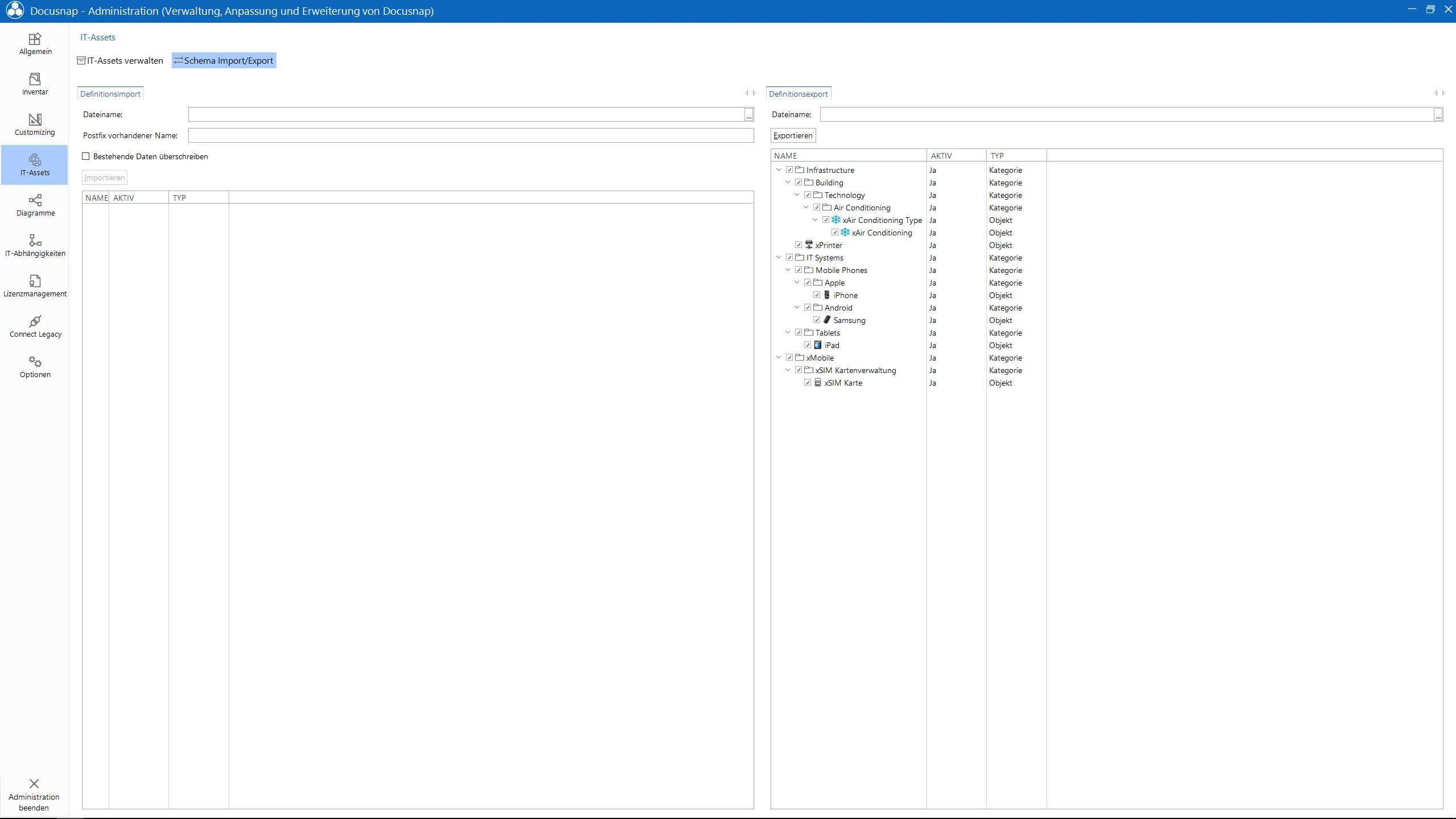 IT asset structures (categories and classes) can be easily imported and exported to share them quickly between different Docusnap databases