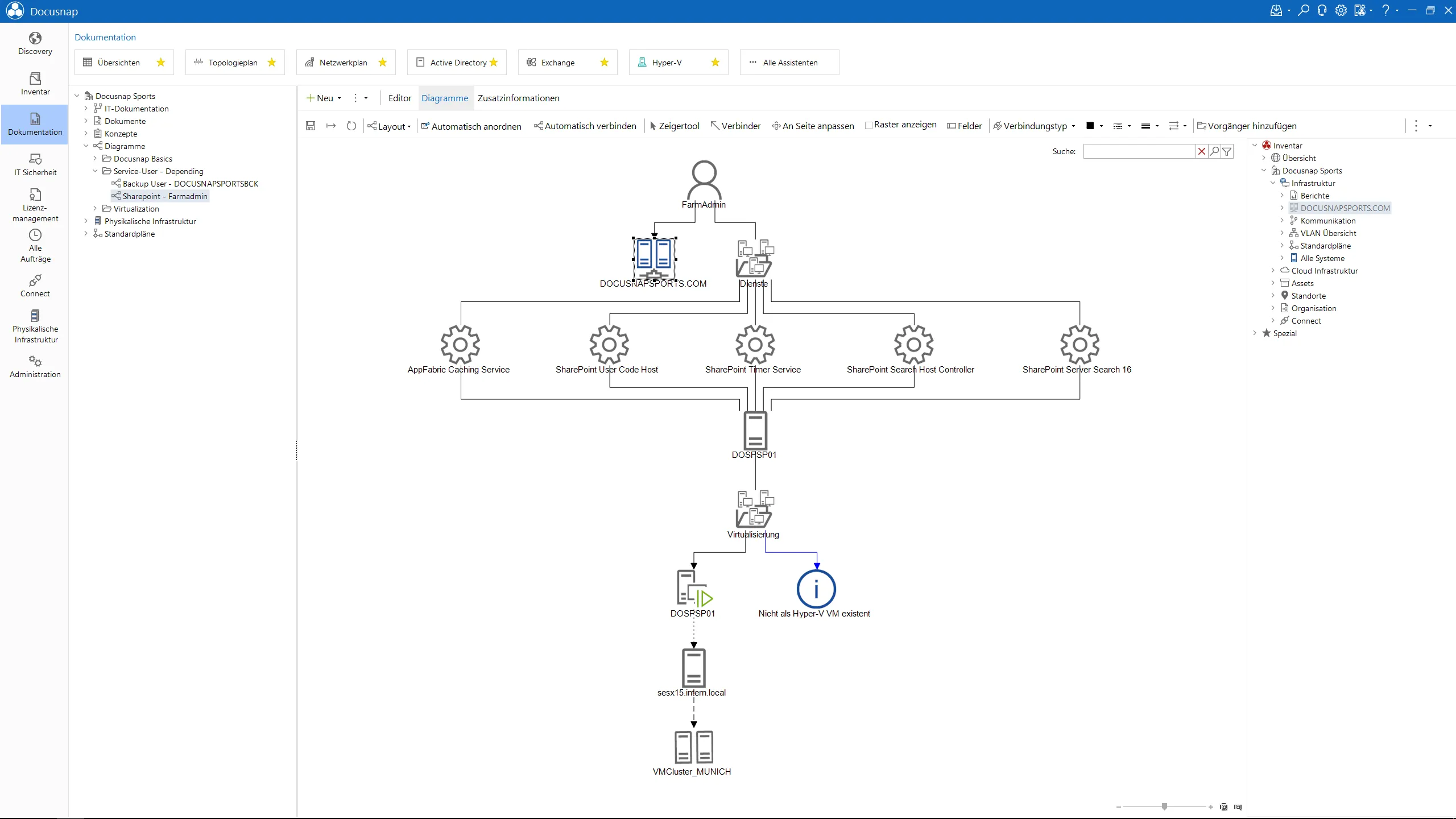Docusnap automatically determines the relationships between systems, services, and users