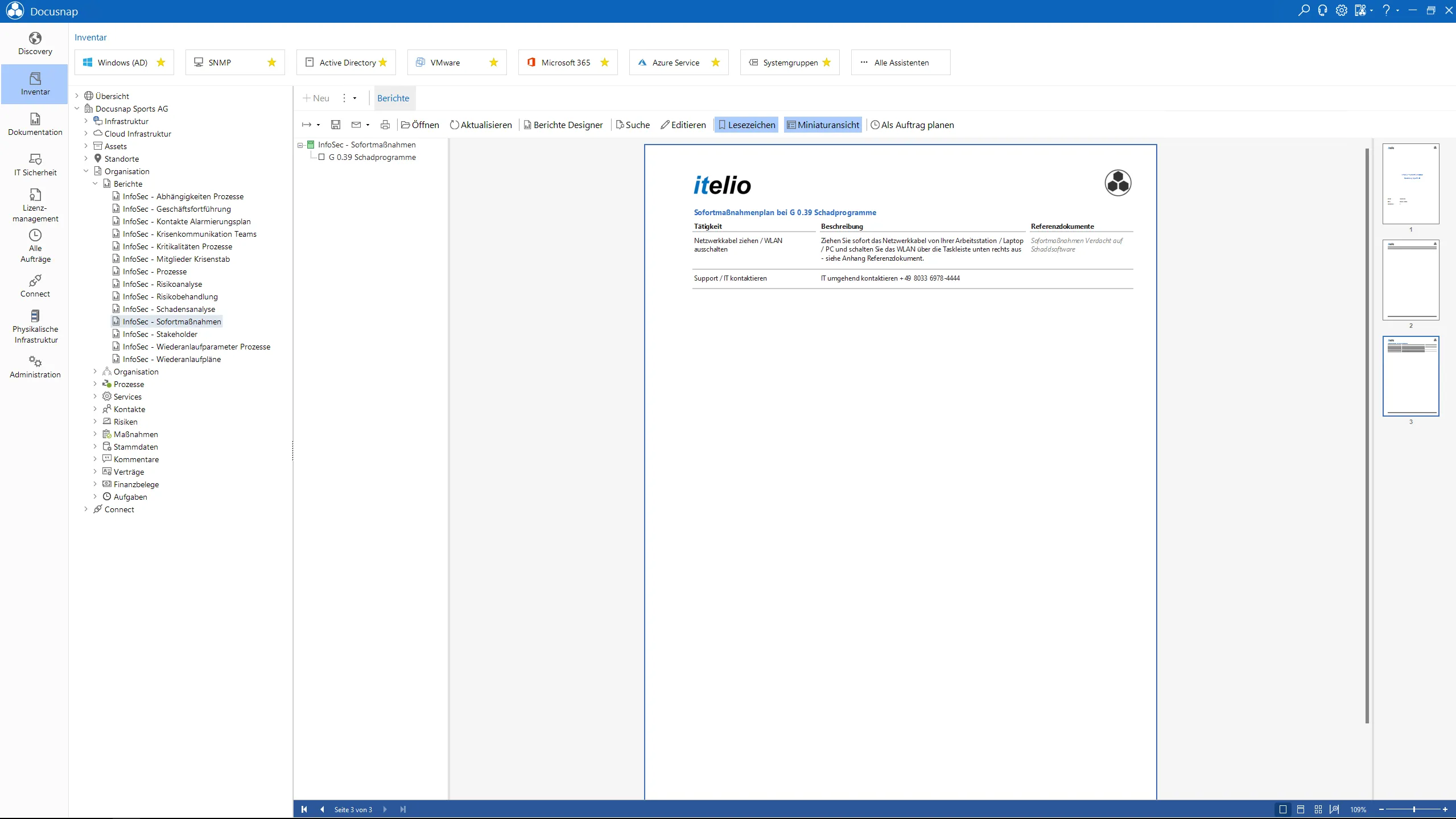 Screenshot of immediate measures within the scope of IT contingency planning