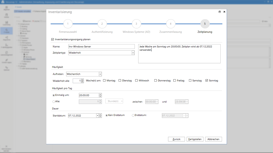 Entry of the desired inventory interval in the wizard