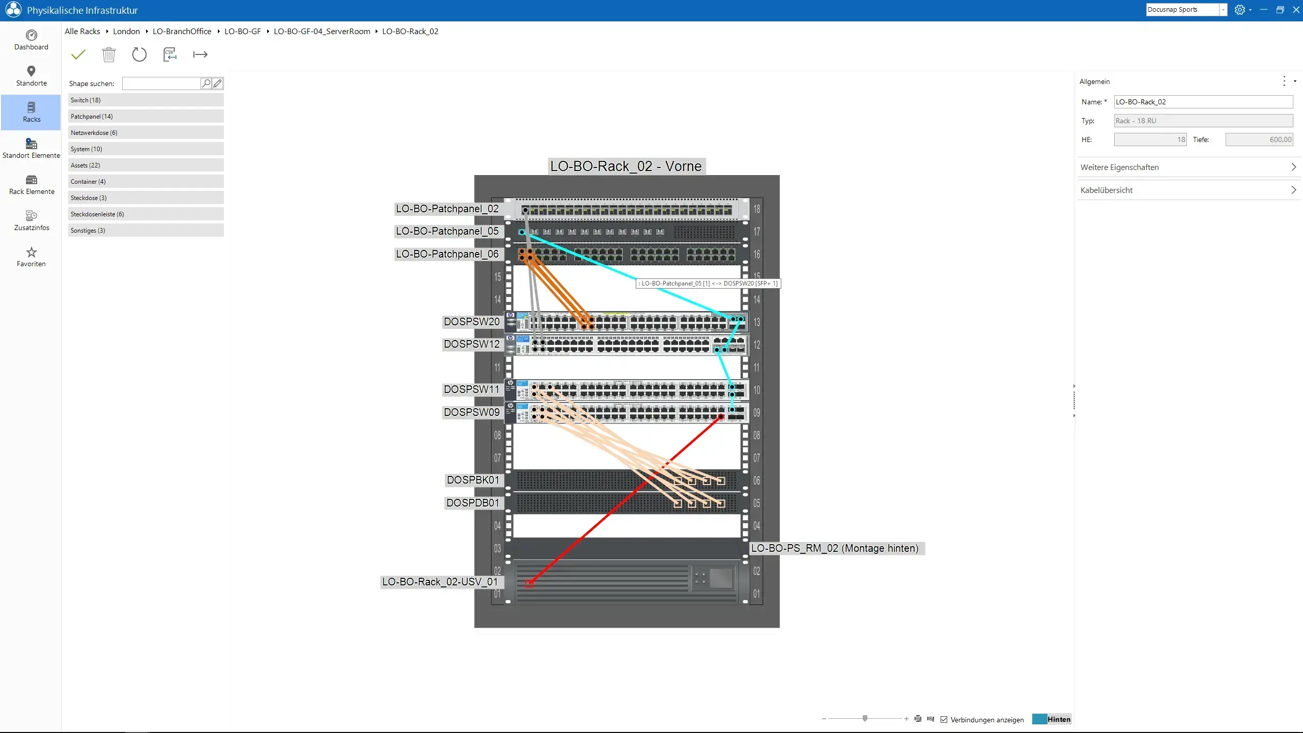 Docusnap Screenshot: Rackplan Hardware-Verkabelung