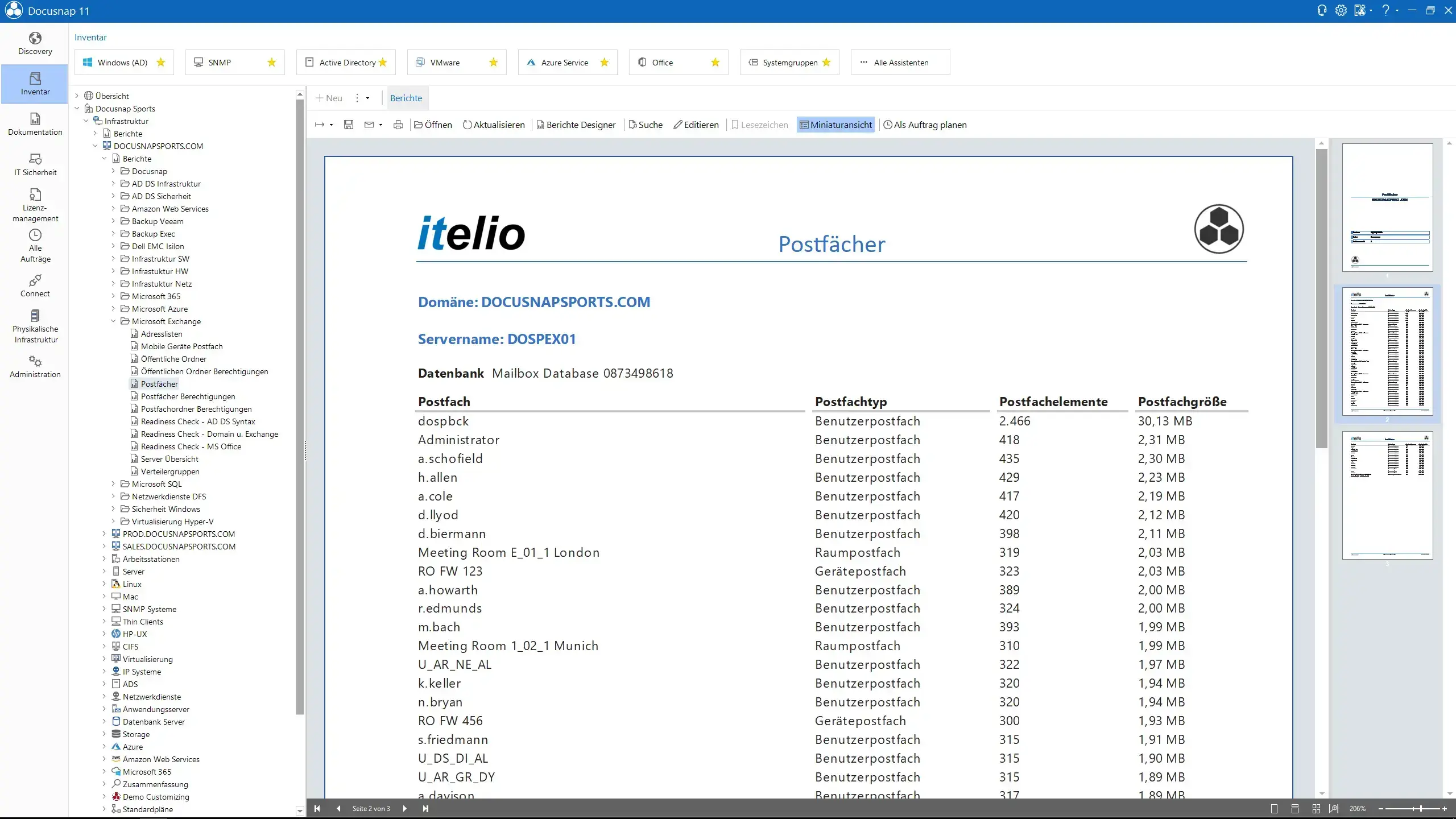Docusnap Screenshot: Bericht Exchange-Postfächer