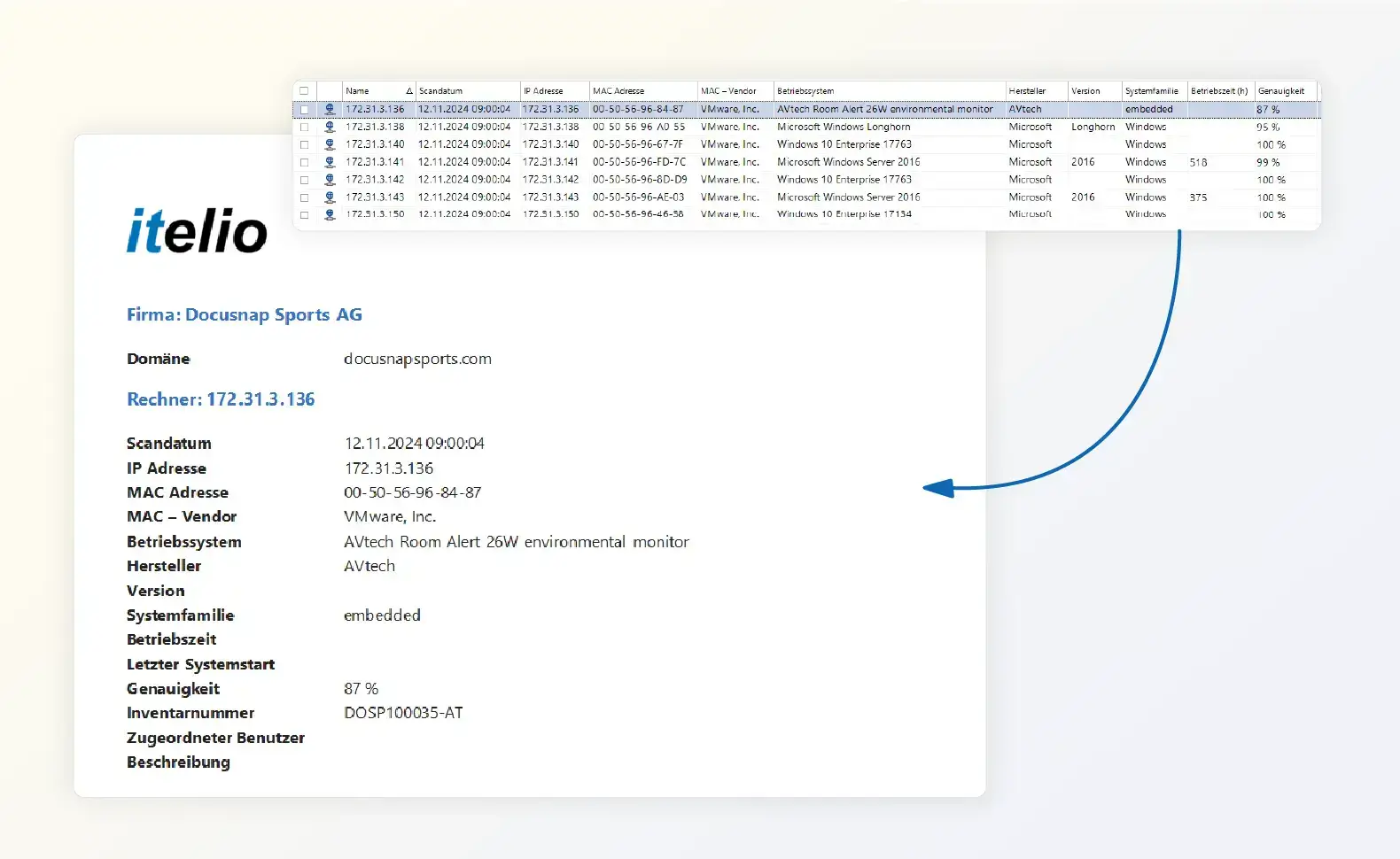 Docusnap Screenshot: IP-Scan Systemliste und Überblick