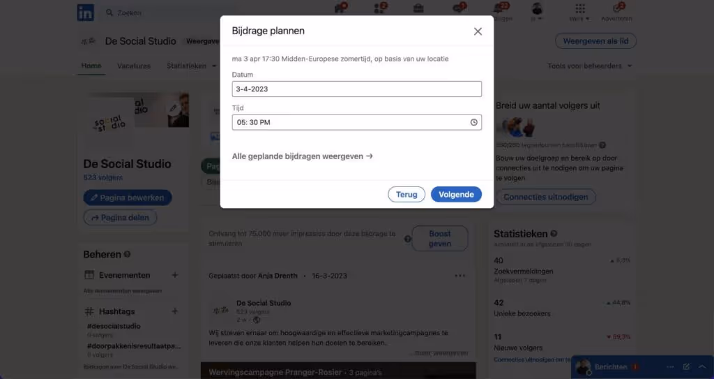 Interface van LinkedIn bericht inplannen.