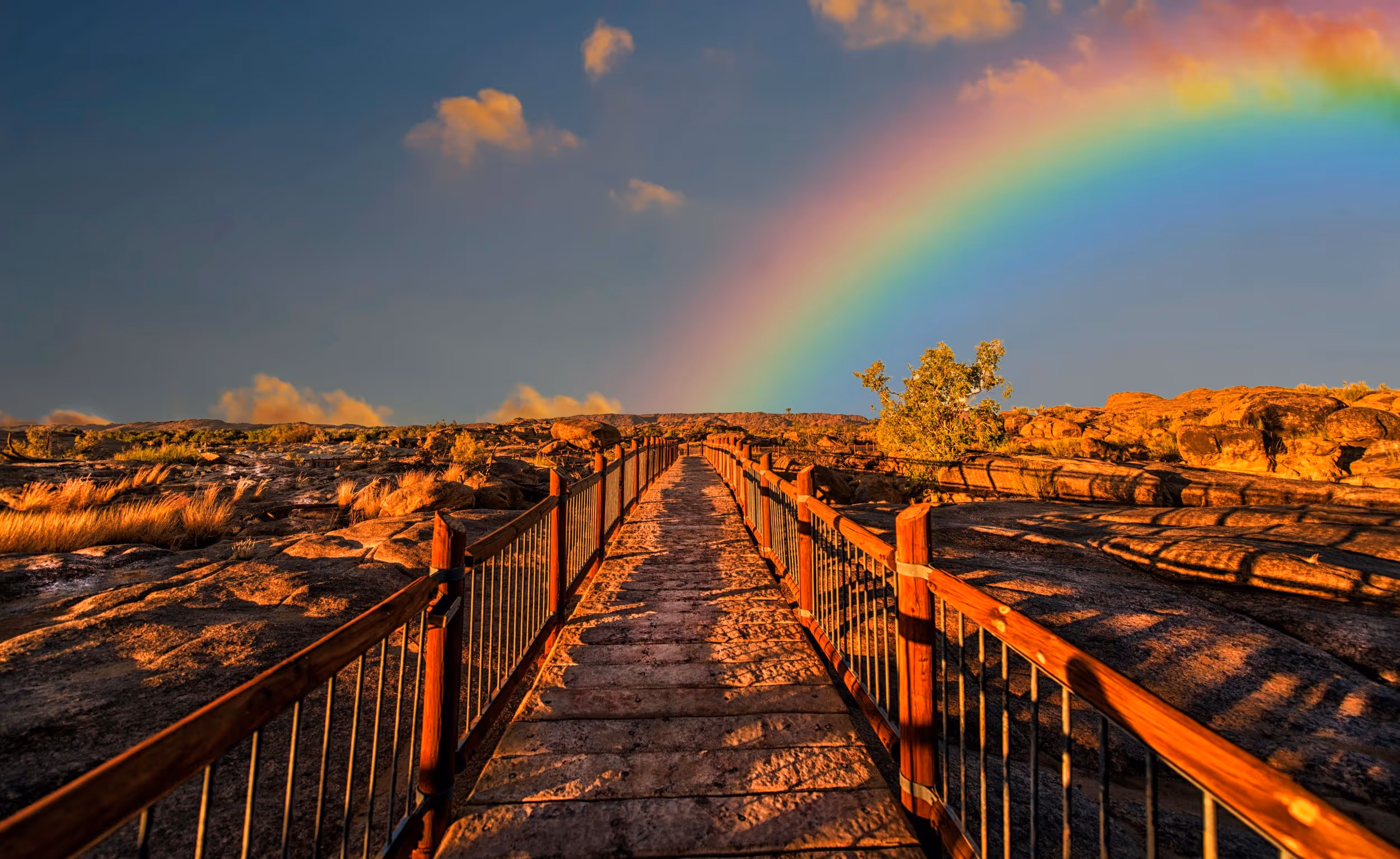 Ein Weg vom Strand in die Dünen, Abendstimmung und dahinter ein Regenbogen