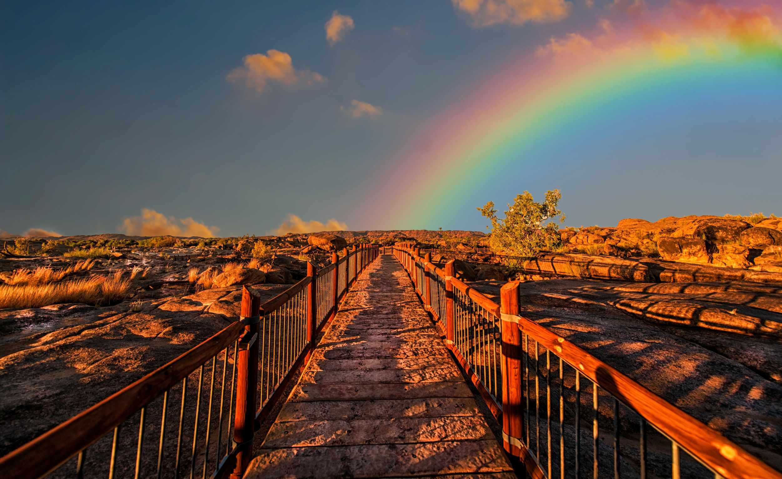 Ein Weg vom Strand in die Dünen, Abendstimmung und dahinter ein Regenbogen