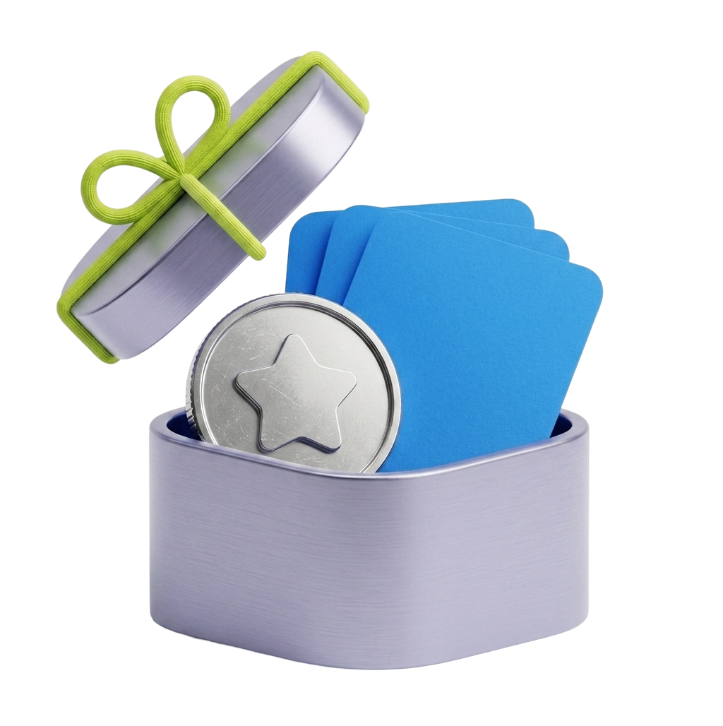 Open gift box with a reward coin, illustrating the REVER referral reward