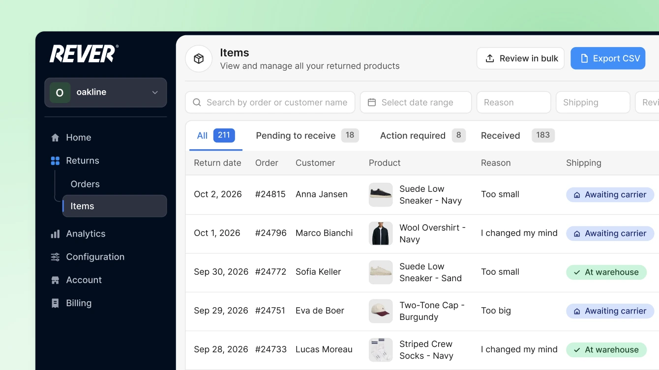 REVER’s Items dashboard: returned sneakers, an overshirt, a cap and socks with their reasons, each awaiting the carrier or already at the warehouse