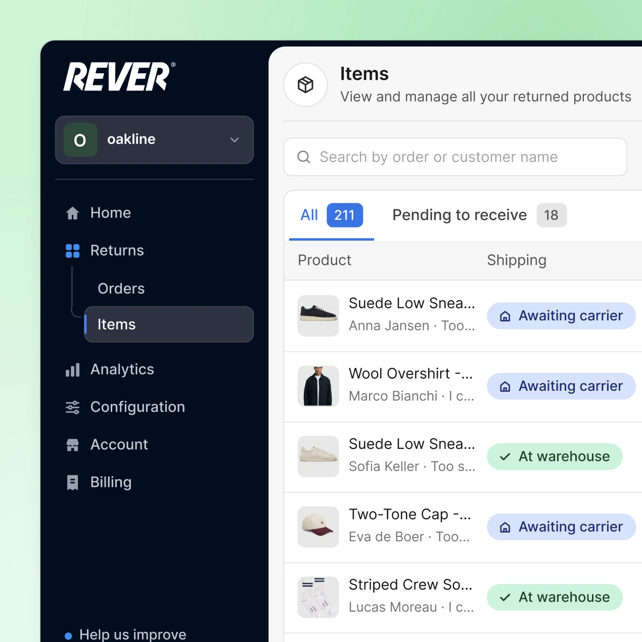 REVER’s Items dashboard: returned sneakers, an overshirt, a cap and socks with their reasons, each awaiting the carrier or already at the warehouse
