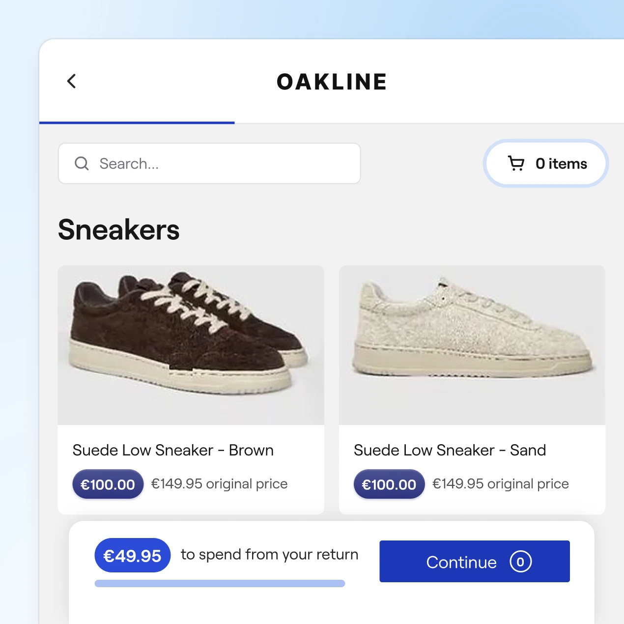 REVER’s shop-with-your-refund store: suede sneakers at €100.00 instead of €149.95, with €49.95 to spend from the customer’s return