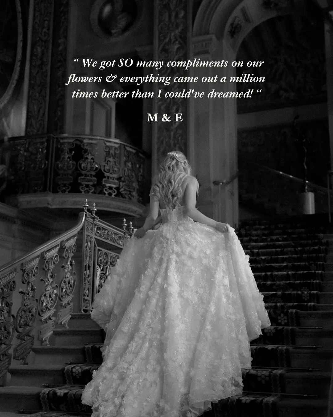 Bride on a grand staircase with a testimonial
