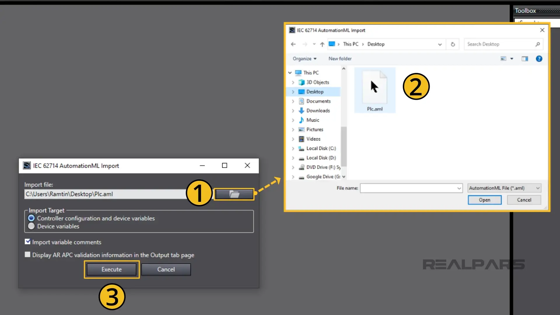 Executing an AML file in Sysmac Studio