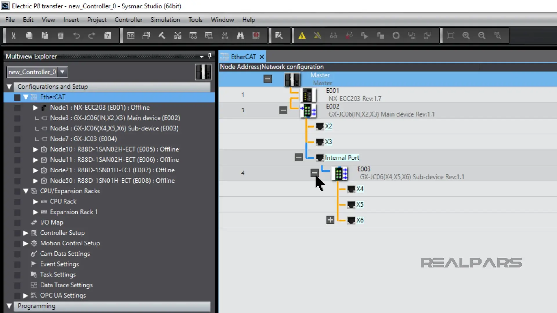 EtherCAT network imported into Sysmac Studio