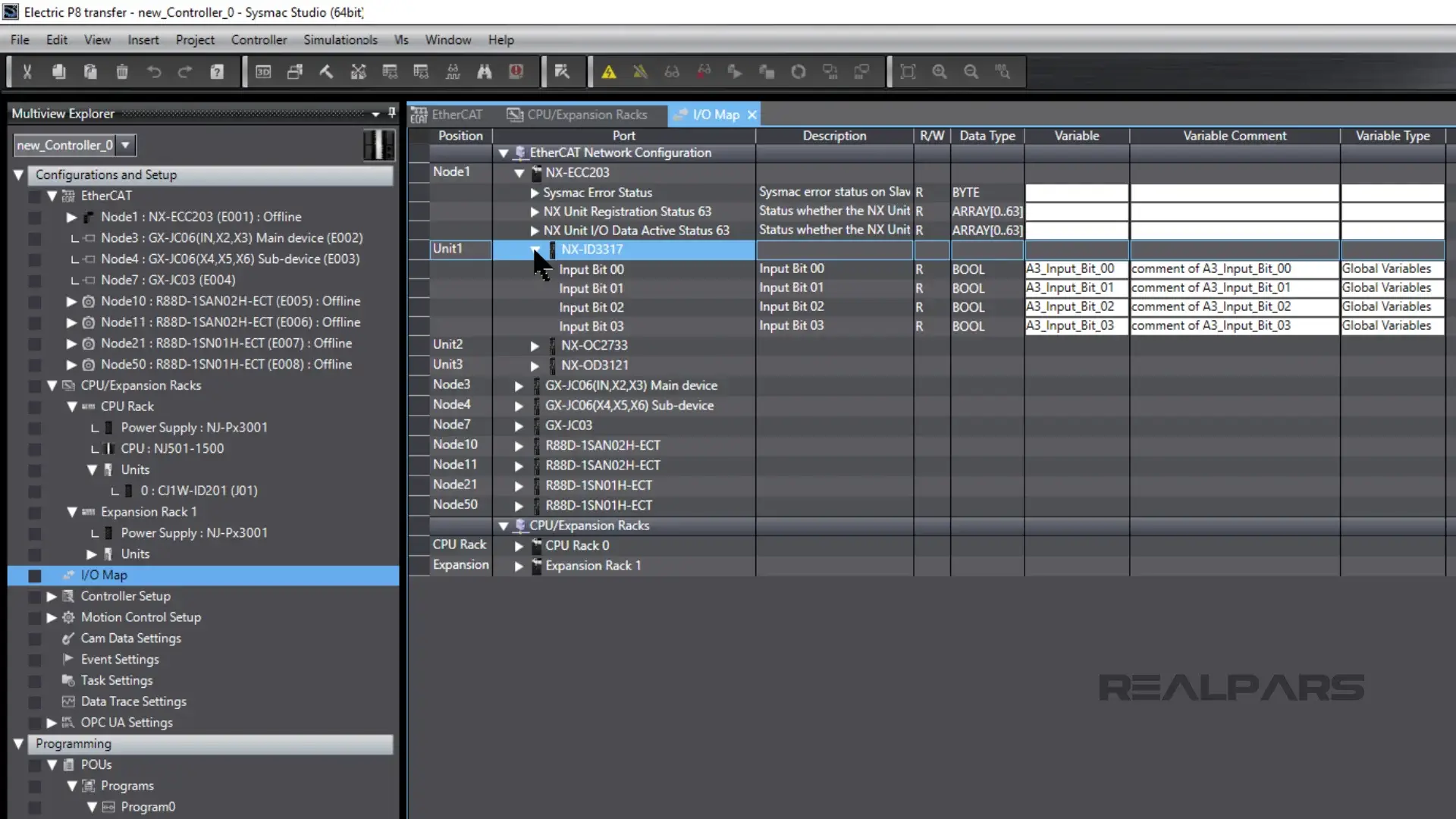 IO mapping imported into Sysmac Studio