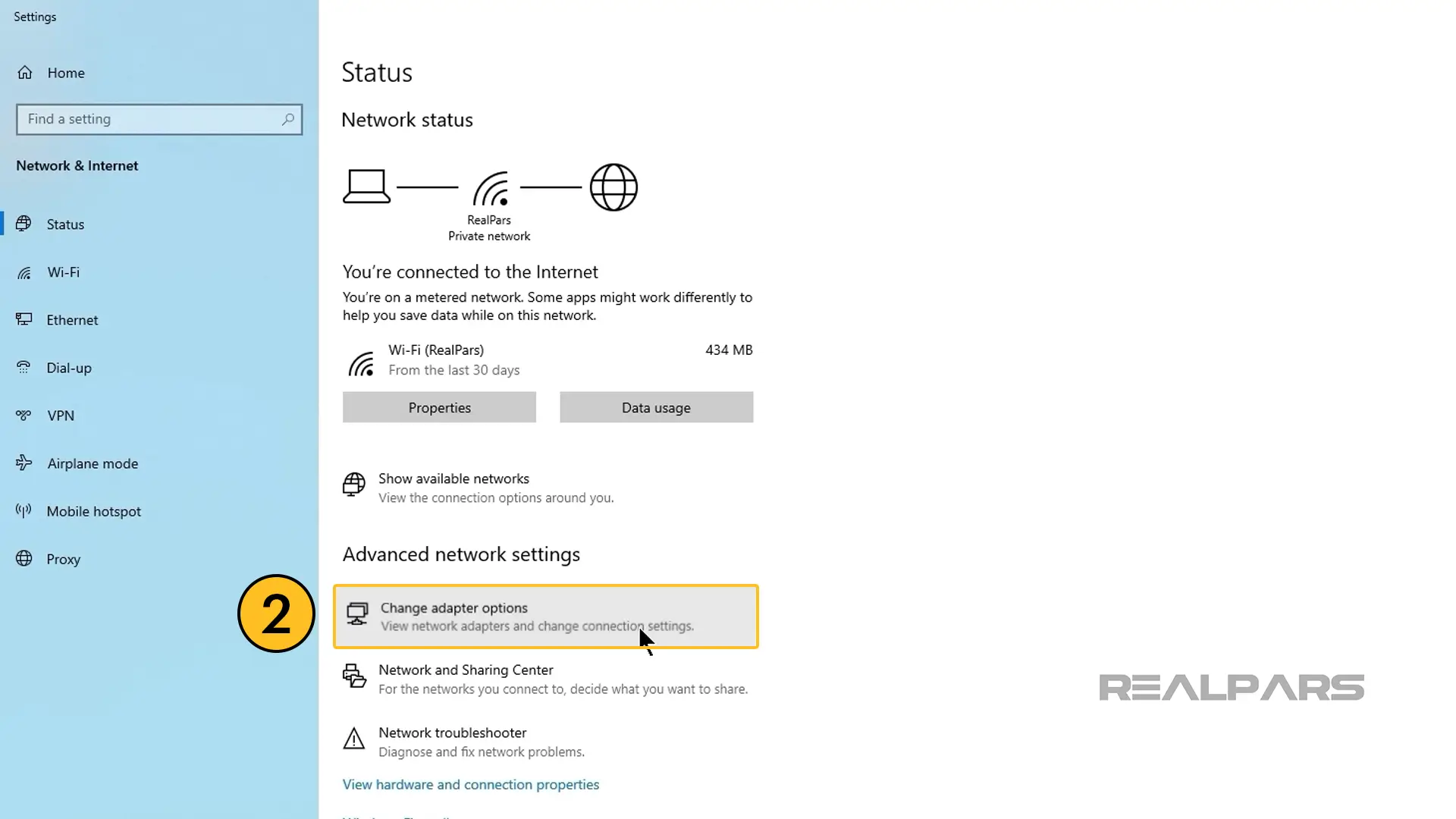 Configure an IP address - Change Adapter Options