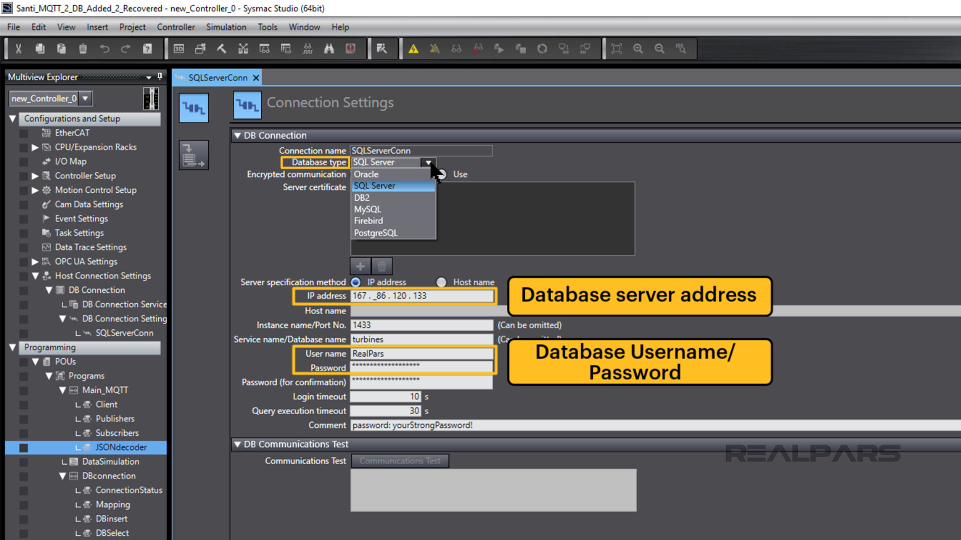 MQTT server address and the Database UsernamePassword