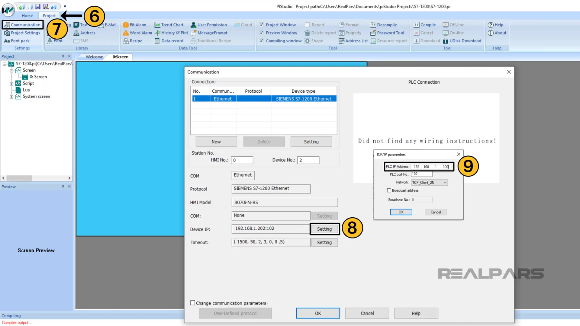 Specify the “IP address” of the PLC in piStudio