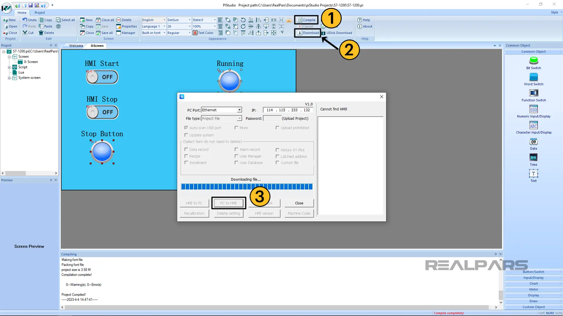 Compile and download the application to the HMI in piStudio