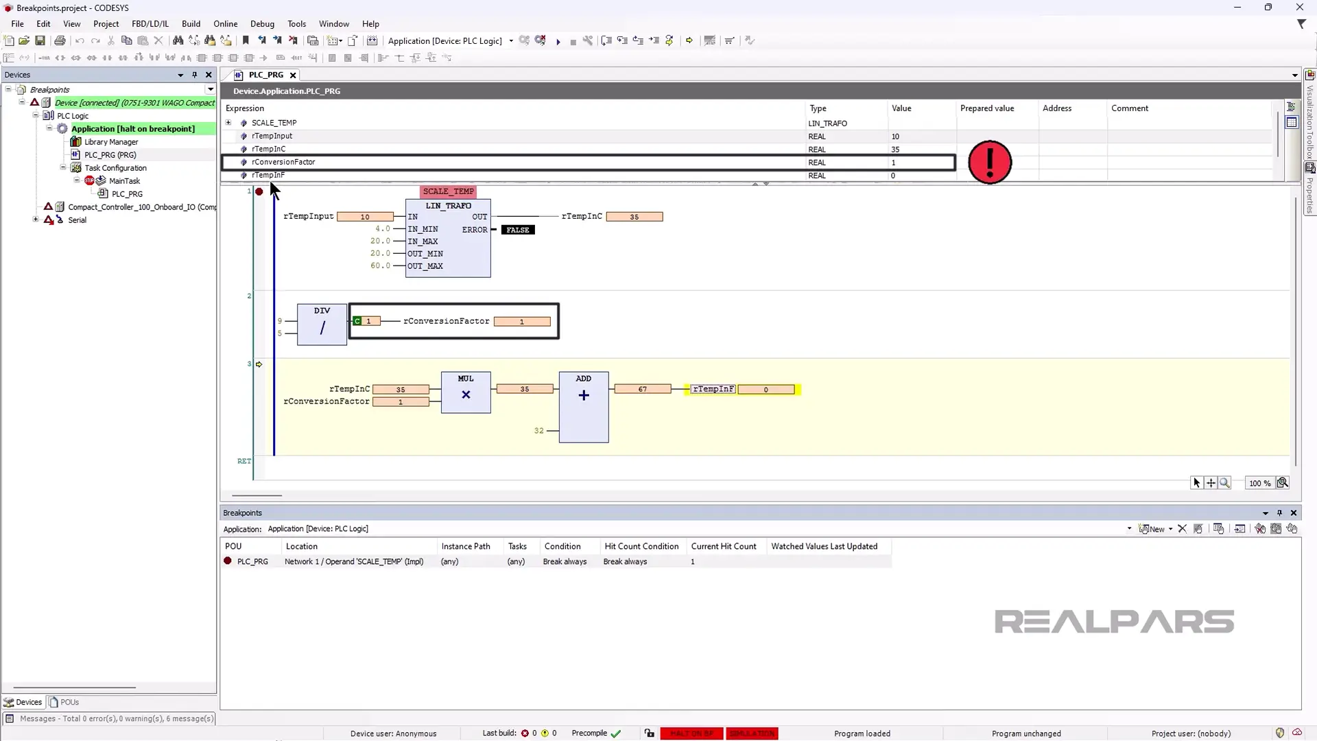 Step through the application in CODESYS