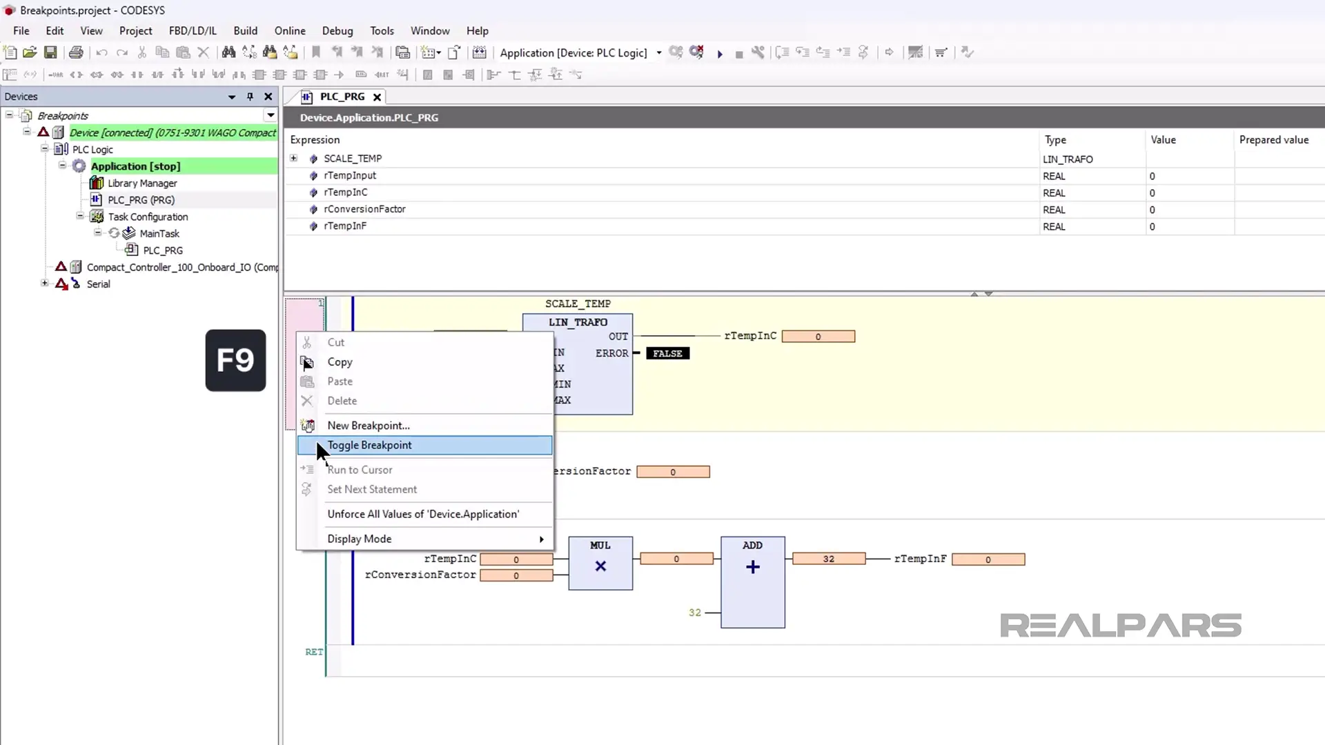 Adding a breakpoint in CODESYS