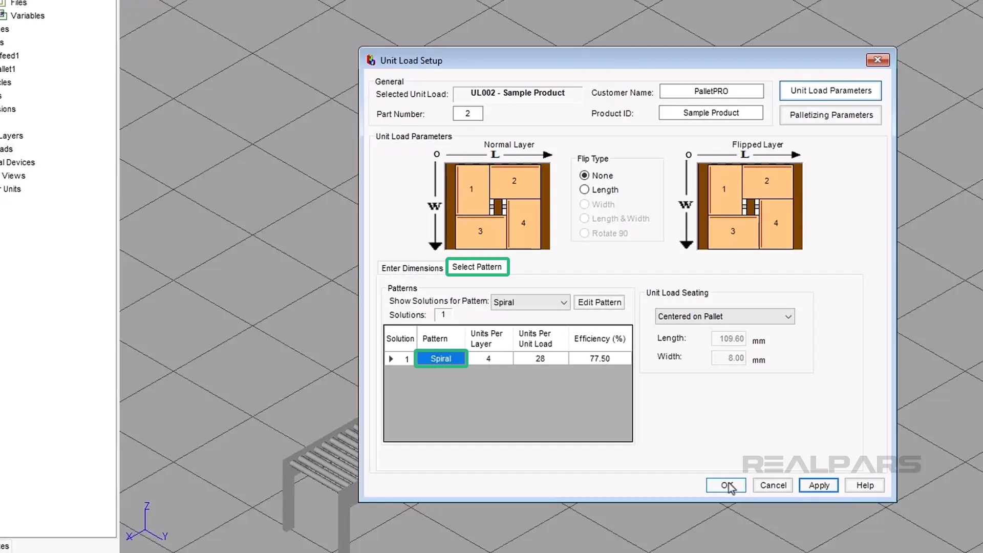 Unit Load Setup dialog box in PalletPro software shows options for normal and flipped layers, dimensions, and pattern selection for a sample product.