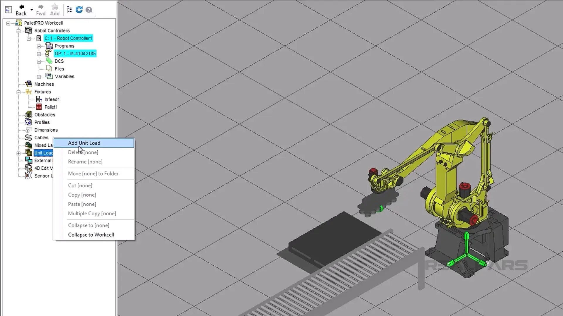 PalletPro software interface shows the menu with the 'Add Unit Load' option selected, next to a 3D model of a Fanuc industrial robot.