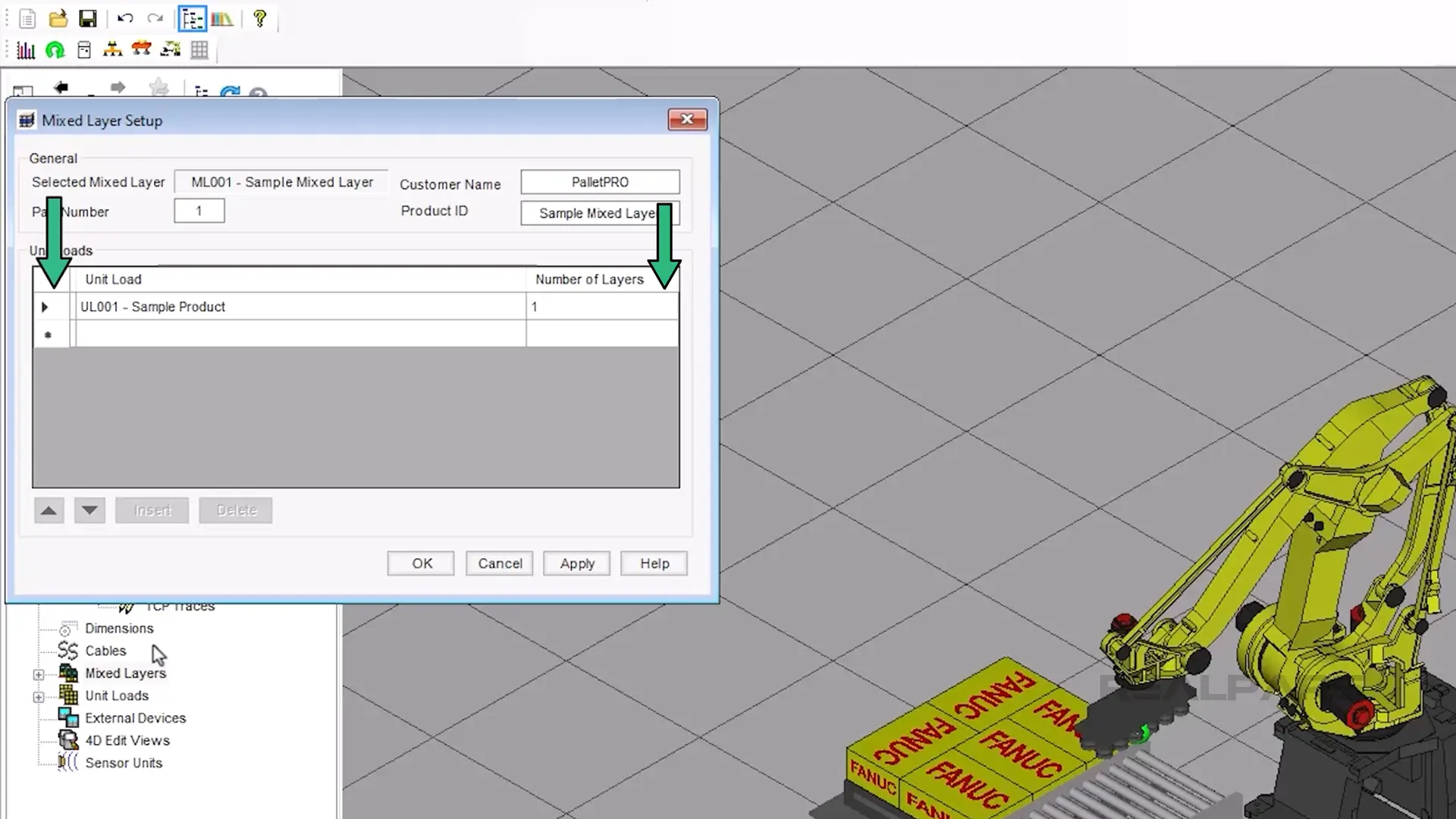 The Mixed Layer Setup dialog box in PalletPro software shows settings for a sample mixed layer with a Fanuc robot model in the background.