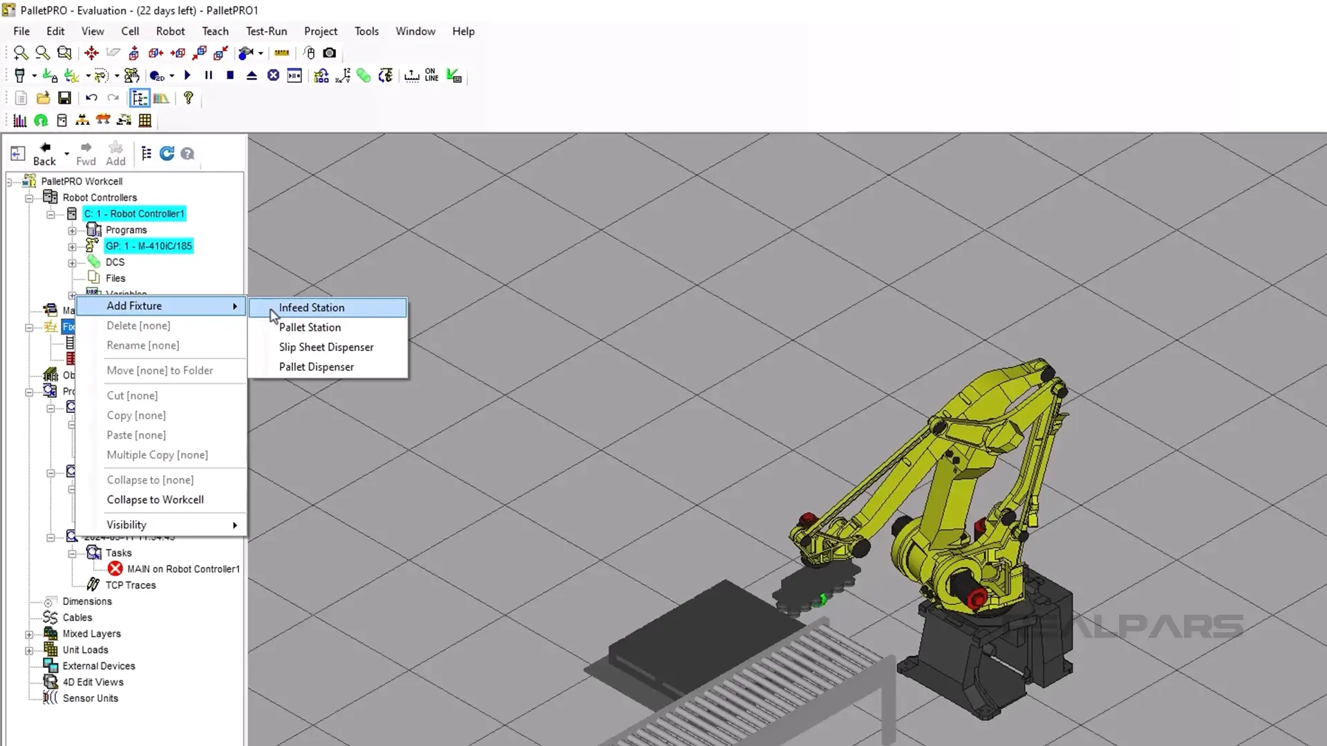 PalletPpro software interface displays a 3D model of a Fanuc robot, with a menu open showing options to add fixtures like 'Infeed Station' and 'Pallet Station'.