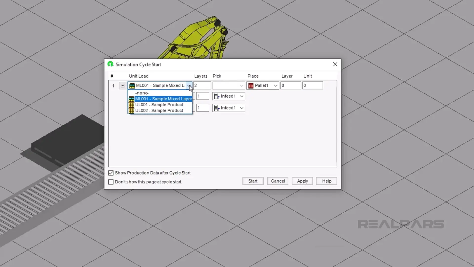 The Simulation Cycle Start dialog box in PalletPro software shows the Fanuc robot simulation setup with unit load details.