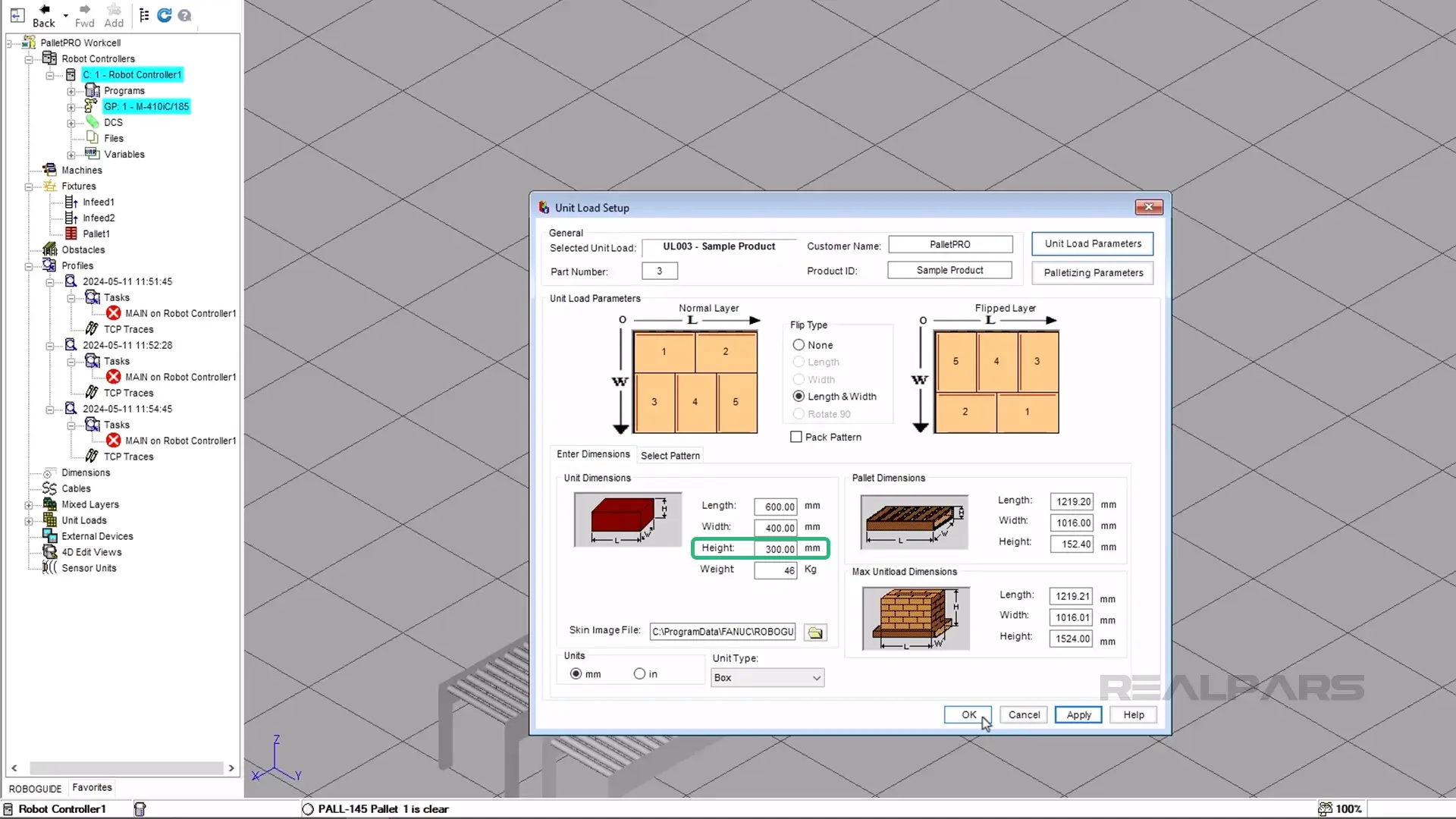 Unit Load Setup Interface in PalletPro Software Displaying Configuration Options for Sample Product.