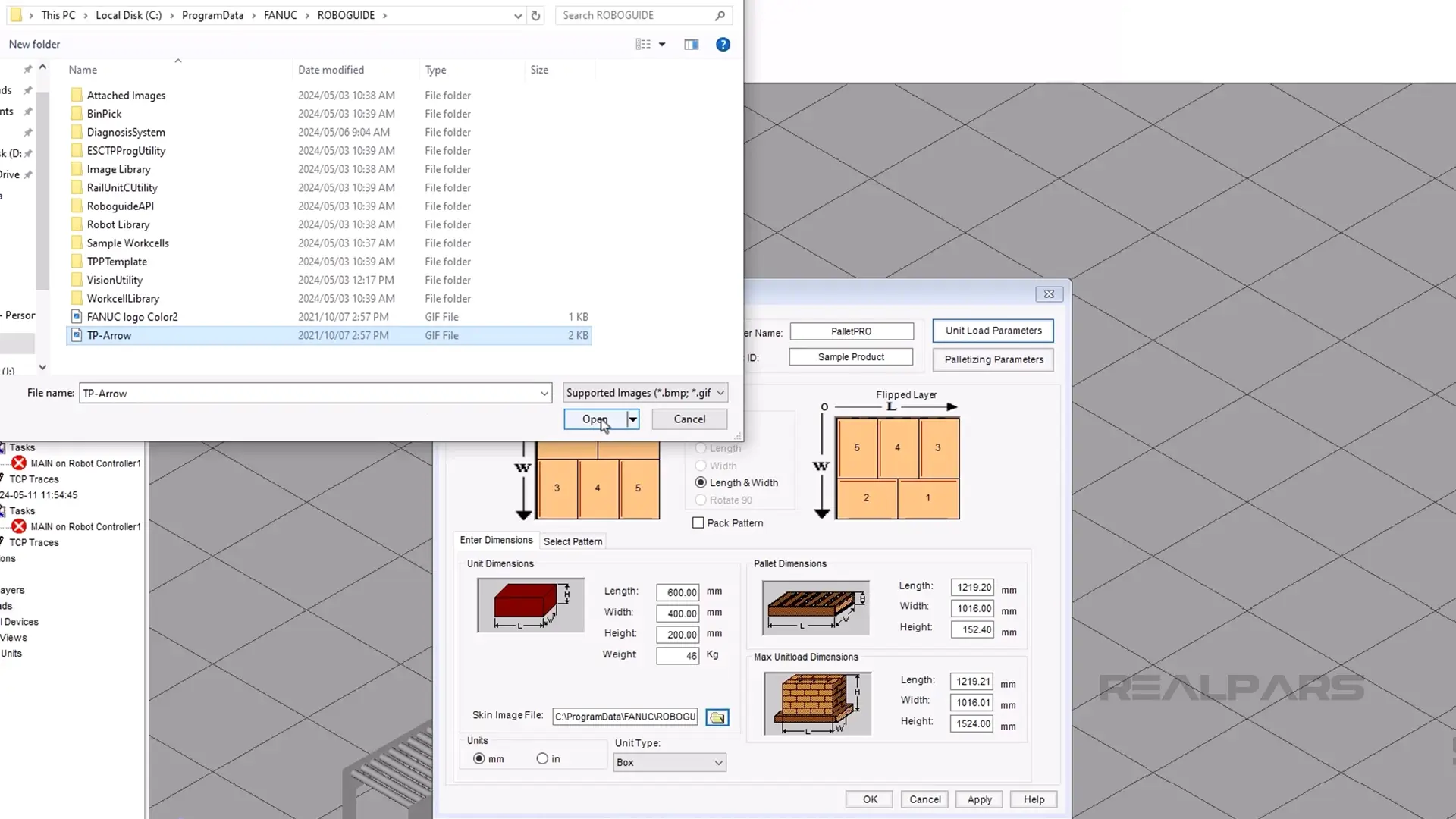 File browser window in PalletPro software showing the 'TP-Arrow' image selected for unit load setup with configuration options displayed.