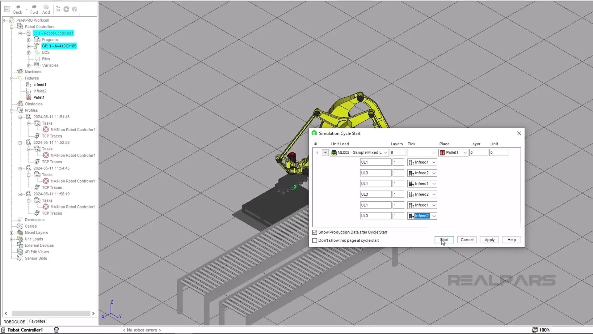 Simulation Cycle Start dialog in PalletPRO showing a Fanuc robot preparing to handle unit loads, with detailed settings for each load placement visible.