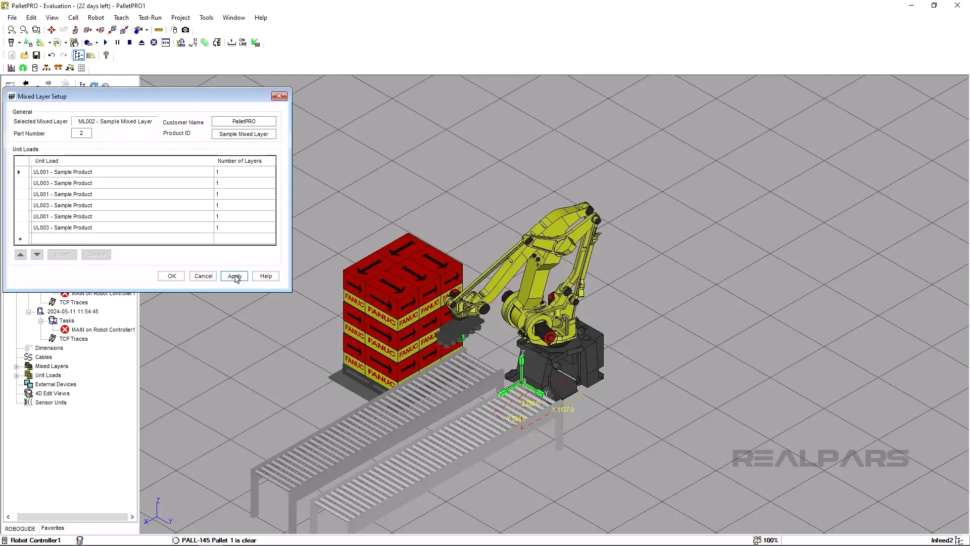 Mixed Layer Setup dialog in PalletPro software with multiple unit loads listed, as a Fanuc robot stacks pallets in the background.