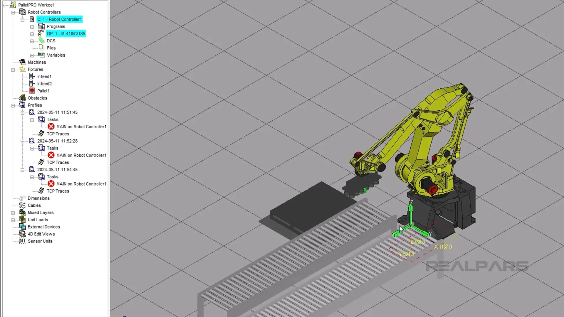 PalletPro software interface displaying a 3D model of a Fanuc robot with a new infeed station.