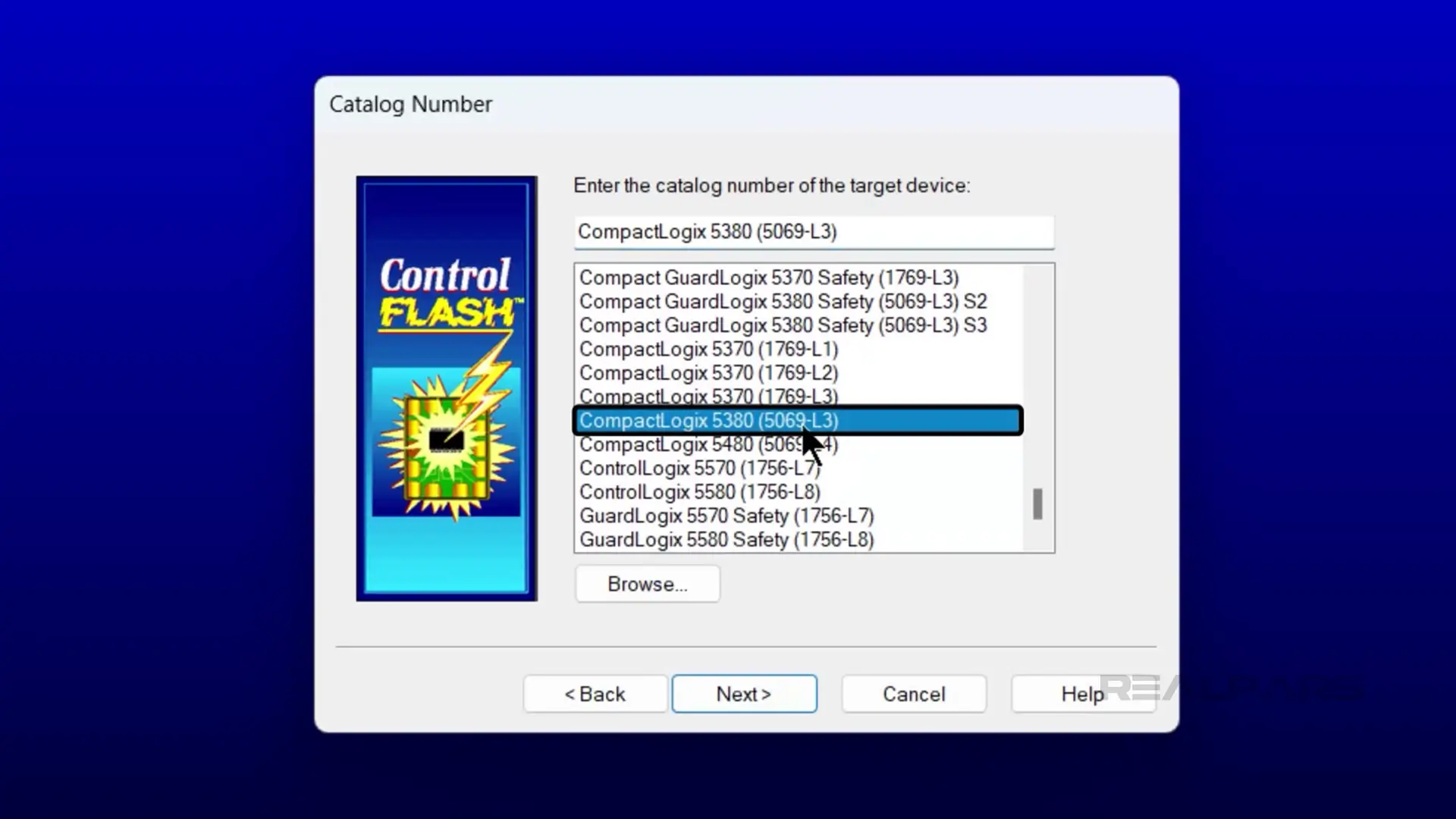 ControlFLASH software window showing catalog selection for CompactLogix 5380 (5069-L3) with 'Next' button highlighted.