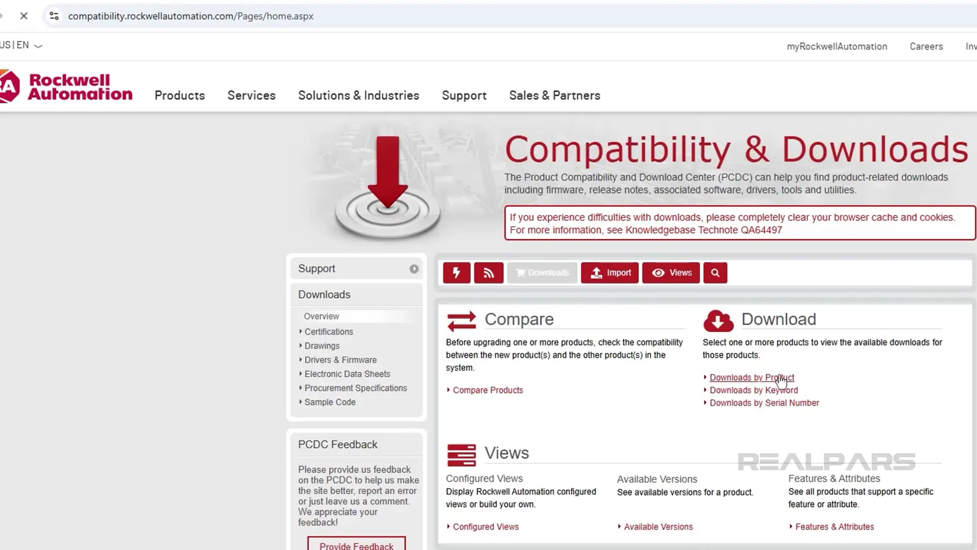 Rockwell Automation PCDC page with options to compare products, download files, and access support links.